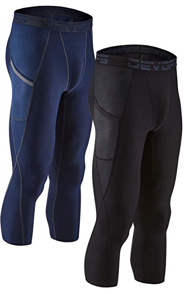 DEVOPS Men's 3/4 (2 Pack) Compression Cool Dry Tights Baselayer Running Active Leggings Pants