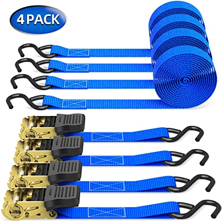 Ohuhu Ratchet Tie Down Straps - 4 Pack - 15 Ft - 500 Lbs Load Cap with 1500 Lb Breaking Limit, Cargo Car Truck Roof Rack Rachet Strap Set for Lawn Equipment, Moving Appliances, Motorcycle - Blue