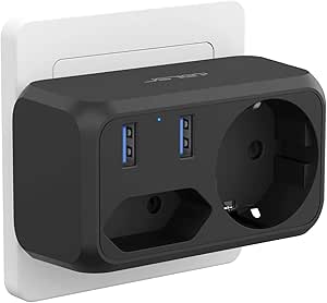 JSVER Doppelstecker für Steckdose, 2 Fach Steckdosenadapter Mehrfachsteckdose(1 Eurosteckdose  1 Schuko) Mehrfachstecker 2 USB für Büro, zu Hause oder auf Reisen-Schwarz