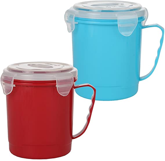 Home-X - Microwave Soup Mug Set with Secure Snap Close Vented Lids, 22 oz Mugs Allow You to Heat and Eat Soups, Noodles, Hot Cereal and More in a Single Container, Set of 2, Red and Blue