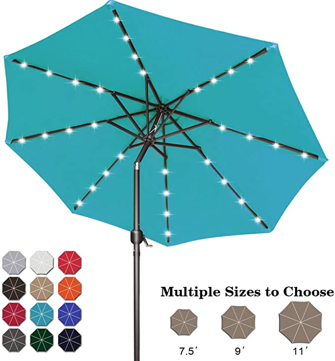 ABCCANOPY 7.5FT Patio Umbrella Ourdoor Solar Umbrella LED Umbrellas with 32LED Lights, Tilt and Crank Table Umbrellas for Garden, Deck, Backyard and Pool,12 Colors, (Turquoise)