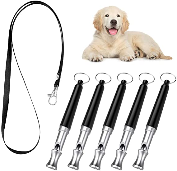 PAWABOO Dog Training Whistle 5 Pack, Professional Ultrasonic High Pitch Adjustable Volume Dog Train Whistle to Stop Barking, Silent Dog Bark Control Tool for Training Pets with Lanyard Strap, Black