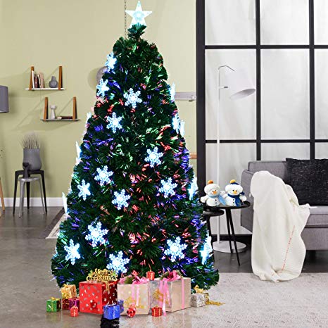 GYMAX 6ft 7ft Christmas Tree Fiber Optic Green Artificial Xmas Tree W/Top Star Snowflake (7 FT/210 CM)