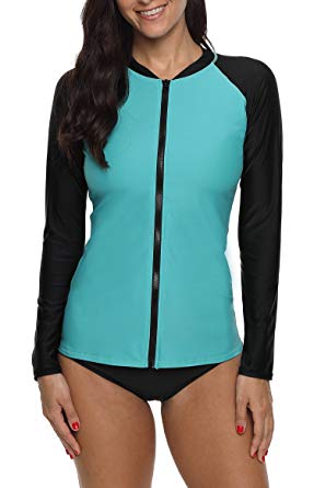 ATTRACO Women's Rashguard Swimsuit Zip Front Sun Protection Shirt UPF 50