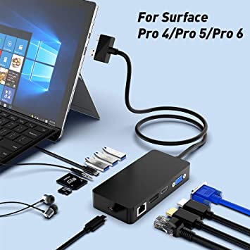 Surface Pro Dock for Surface Pro 4/5/6 Hub Docking Station Triple Display, with 4K HDMI VGA DP Adapter, 1000M Gigabit Ethernet, 3 USB 3.0 Port, Audio Out Port, USB C Port, SD/TF(Micro SD) Card Reader