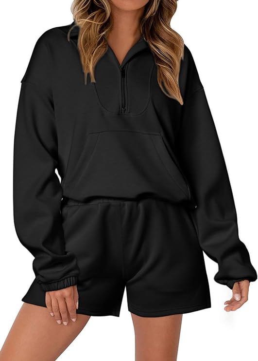 Dokotoo 2 Piece Outfits for Women Sweatsuit Oversized Half Zip Sweatshirt Tops and High Waist Shorts Tracksuit Sets