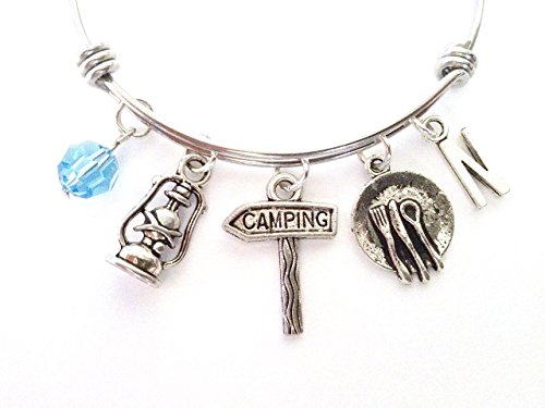 Camping / Camper themed personalized bangle bracelet. Antique silver charms and a genuine Swarovski birthstone colored element.