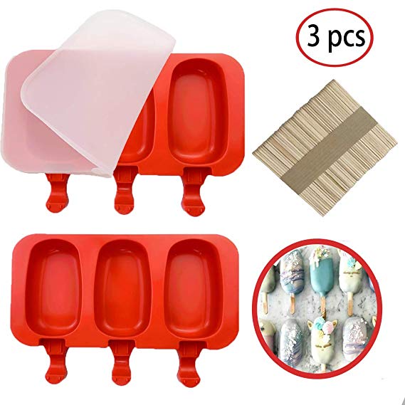 Set of 3 Popsicle Molds Homemade Ice Pop Mold 3 Cavities Oval Popsicle Silicone Molds with Lid Ice Cream Bar Mold Set with 150 Wooden Sticks