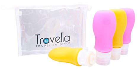 Silicone Travel Containers with Anti-Leak Lids – Set of 4 TSA Approved Silicone Bottles for Toiletries – Airport Friendly Clear Cosmetics Bag Included