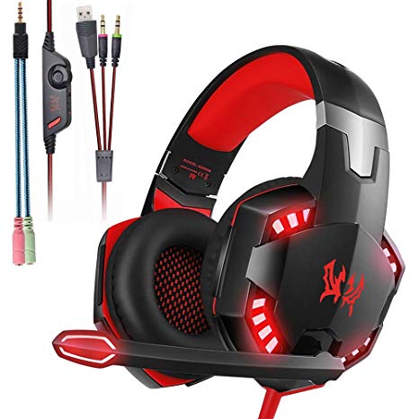 Mengshen Gaming Headset - With Mic, Volume Control and Cool LED Lights - Compatible with PC, Laptop, Smartphone, PS4 and Xbox One Controller, G2000 (Red)