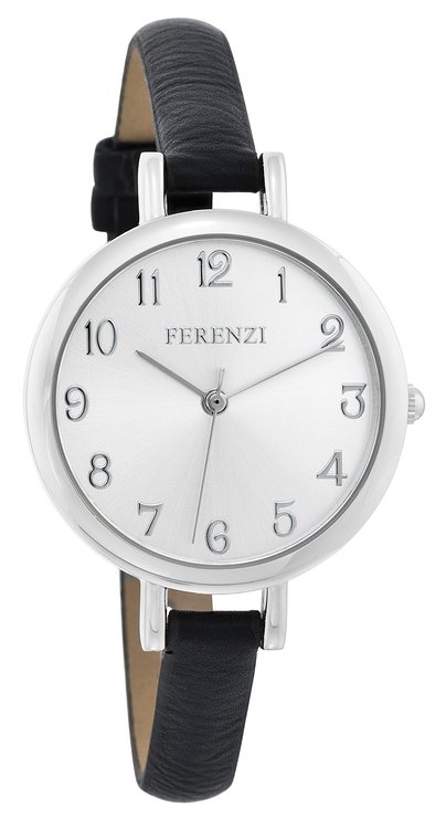 Ferenzi Women's | Classy Large Silver Face Watch with Thin Black Band | FZ15502