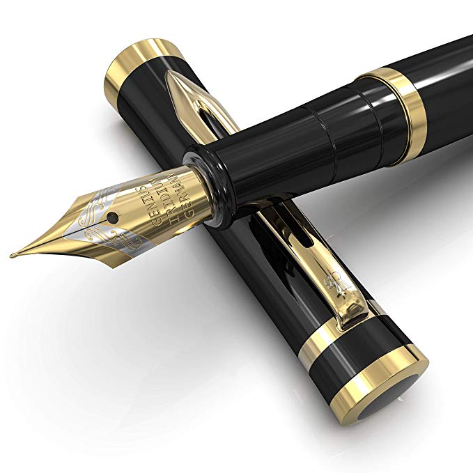 Satin Black & Gold Trim Luxury Fountain Pen by Wordsworth & Black with Gift Pouch | Writing Pen | Calligraphy Pen | Executive Fountain Pens Set | Deluxe Vintage Pen |