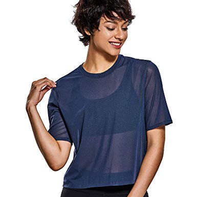 CRZ YOGA Women's Mesh Short Sleeve Moisture Wicking See Through Bonded Hem Cropped Sport Shirts