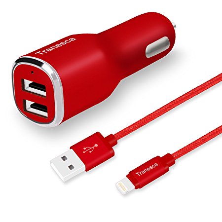 Tranesca 24W Dual Port USB car charger with 6ft MFI lightning cable for iPhone 7/iPhone 6s/iPhone 6/iPhone 5s,iPad Air/iPad Pro;Samsung Galaxy Note Series and other Android and iOS devices (Red) …