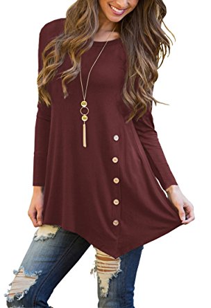 VIISHOW Women's Long Sleeve Scoop Neck Button Side Tunic Top