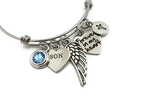 Memorial Bracelet with Heart Charm, Forever In My Heart, Cross, Birthstone Angel Wing Keepsake Gift
