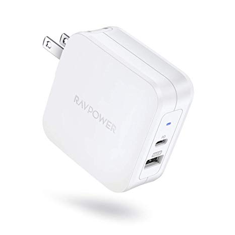 USB Wall Charger, RAVPower 61W Type C PD 3.0 Power Adapter, Dual Port USB C Wall Charger, Compatible with MacBook Pro Air, Dell XPS, iPad Pro 2018, iPhone and More - White