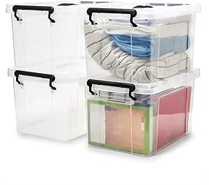 EZOWare 21 Quart Lidded Plastic Storage Bin Boxes, Clear Stackable Container Baskets with Top Handle and Lid - 17 x 12 x 10 inches, 4 Pack