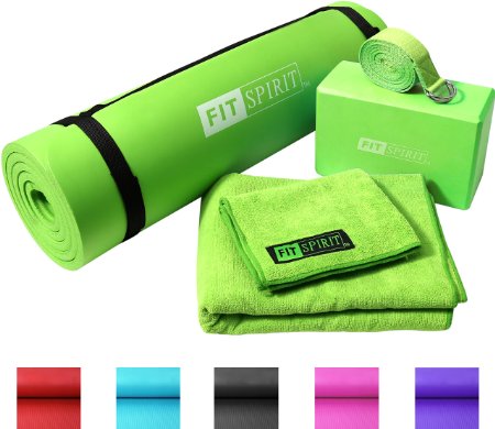 Fit Spirit Yoga Starter Set Kit - Includes 05 Inch NBR Exercise Mat and Optional Yoga Block Yoga Towels and Yoga Strap - Choose Your Color and Accessories