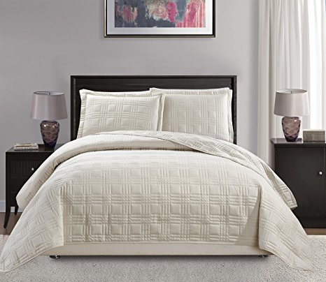 Mk Collection King/California king over size 118"x106" 3 pc Geo Bedspread Bed-cover Quilted Embroidery solid Beige New