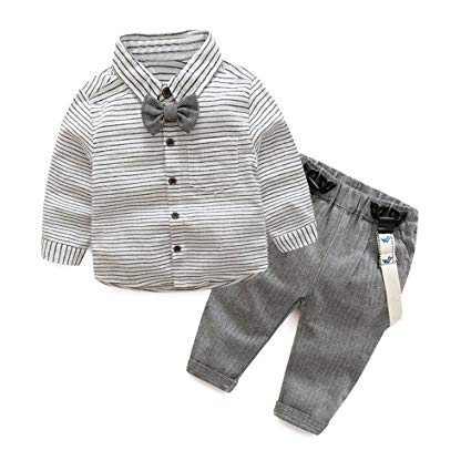 Tem Doger Baby Boys Long Sleeve Woven Striped Shirt Bowtie Suspender Pants With Straps Outfit