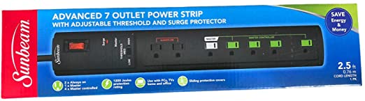 Sunbeam Advance 7 Outlet Power Strip with Surge Protector & Spaced Outlet 15A