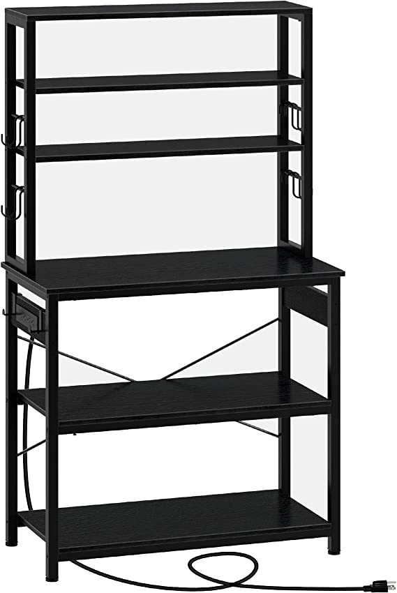 Rolanstar Baker's Rack with 4AC Power Outlet, 65.7inch Microwave Oven Stand with 10 Hooks, Stable Coffee Bar Table, 6-Tier Kitchen Storage Shelf Rack, Kitchen Utility Rack with Hutch, Black