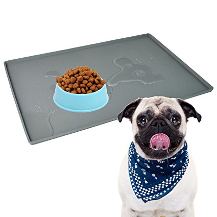 Silicone Pet Food Mat Tray - Raised Dog Cat Food Mat - FDA Grade Dog Feeding Mat - Dog Bowl Mat - Pet Feeding Mat - Waterproof Pet Mats - Non Slip Dog Bowl Water Mat Placemat, 24X16” Gray-Mofason
