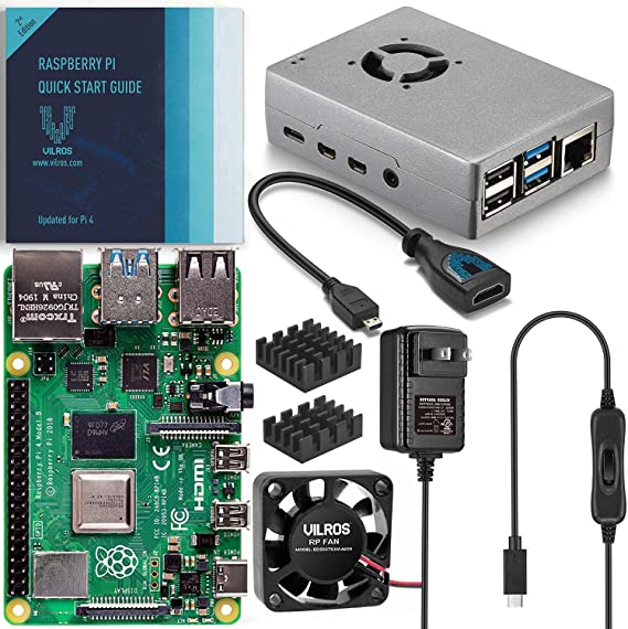 Vilros Raspberry Pi 4 Basic Starter Kit with Fan Cooled Heavy Duty Aluminum Alloy Case (4GB Ram, Silver)