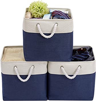 DECOMOMO Foldable Cube Storage Bin | Rugged Canvas Fabric Container with Rope Handles | Great for Organizing Closets, Offices and Homes (Navy Blue/White, Cube - 33x33x33cm - 3 Pack)