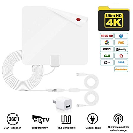 Telustyle TV Antenna, Indoor Digital Amplified HDTV Antennas 50-80 Miles Range with Detachable Signal Amplifier, UL Adapter and 16.5FT Longer Coax Cable - Support 4K 1080p - White