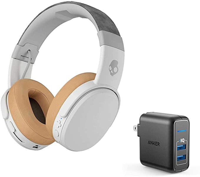 Skullcandy Crusher Foldable Noise Isolating Over-Ear Wireless Bluetooth Immersive Headphone Bundle with Anker 2 Port USB Wall Charger - Gray/Tan