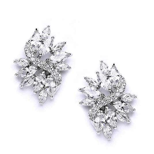 Mariell Cubic Zirconia Bridal Wedding Earrings with Marquis-Cut CZ Clusters Plated in Genuine Platinum