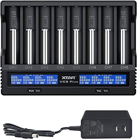 8 Bays 18650 Battery Charger XTAR VC8 Plus Type C Universal Smart 21700 Charger with LCD Display,3A Fast Charge Rechargeable Batteries Li-ion 16340 14500 26650 Ni-MH AA AAA C with 36W Adapter