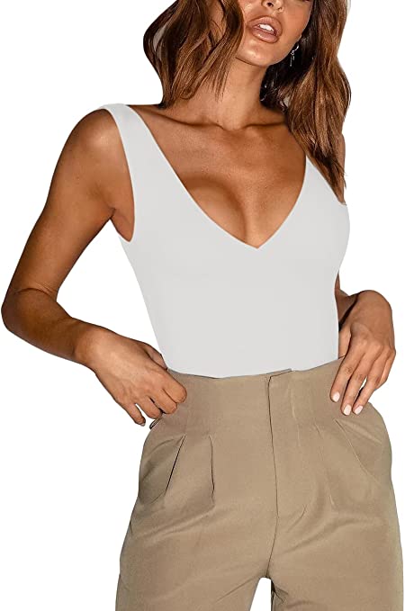 REORIA Women’s Sexy Plunge Deep V Neck Sleeveless V Backless Going Out Tank Bodysuits Tops