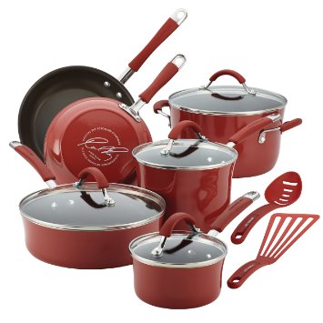 Rachael Ray Cucina Hard Porcelain Enamel Nonstick Cookware Set, 12-Piece, Cranberry Red