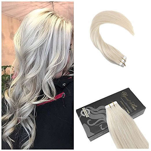 Ugeat 18inch 50Gram Tape in Human Hair Extensions Light Blonde Color Remy Human Hair Glue in Hair Extensions Seamless Skin Weft