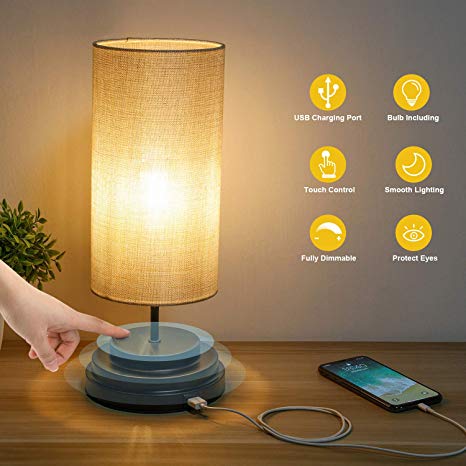 Kohree Touch Control Bedside LED Table Lamp Fully Dimmable USB Port Desk Lamp Dimmer Modern Nightstand Lamp with Square Fabric Lamp Shade for Bedroom Living Room Office, 4W 2700K Led Bulb Included