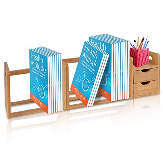 Bamboo Wood Expandable Desk Organizer - Desktop Tabletop Organic Wooden Filing Organization Bookshelf w/Storage Drawer, for Book, Home Office File, Paper, Supplies, Accessories - SereneLife SLDCAB180