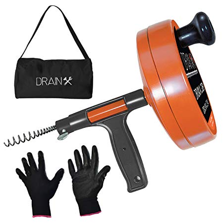 Drainx Pro Steel Drum Auger Plumbing Snake | Heavy Duty 25-Ft Drain Snake Cable with Work Gloves and Storage Bag