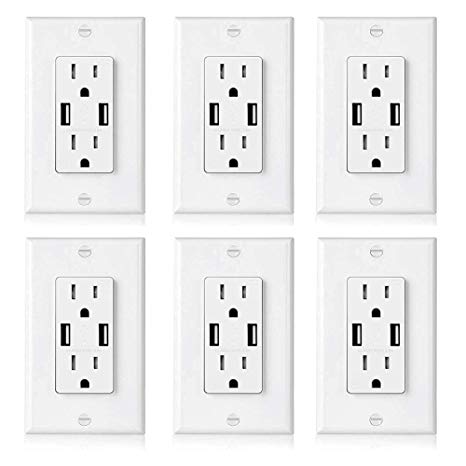 [6 Pack] BESTTEN USB Outlet Receptacle, Dual 3.6A High Speed USB Wall Charger, 15A Electrical Outlet with USB Port, Tamper Resistant Duplex Receptacle, Decorator Wall Plate Included, UL Listed, White