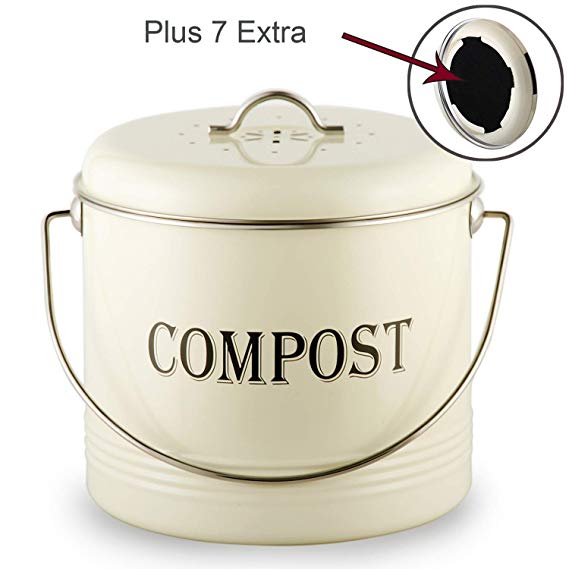 Vintage Kitchen Compost Bin-Indoor Scraps Compost Bucket Container with lid-Flies/Odor Proof Compost Keeper Pail | Countertop Trash Recycle Bin with 7 BONUS Charcoal Filters, 1.3 Gal, Beige
