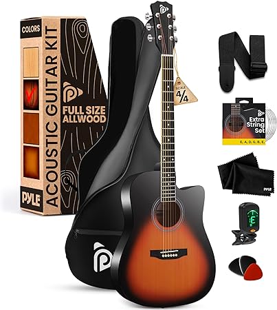 Pyle Steel String Acoustic Guitar Kit, 4/4 Full Size Cutaway All-Wood Guitarra Acustica with Premium Accessory Set and Upgraded Gig Bag, 41" Sunburst Teardrop Matte