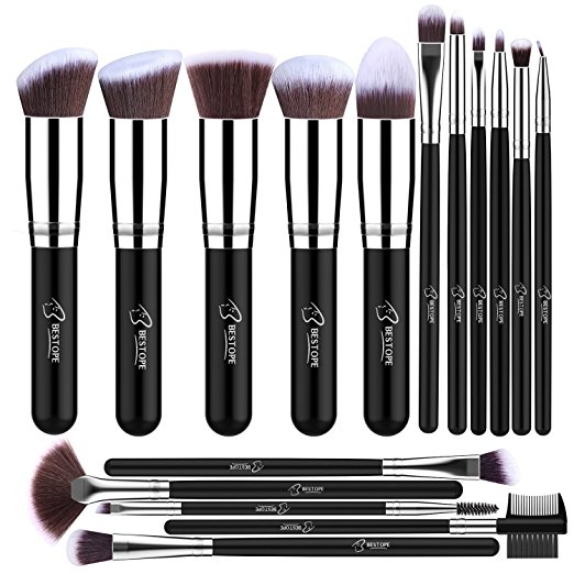 Bestope Makeup Brush Set 16PCs Premium Cosmetic Brushes With Super Velvety Synthetic Hair Kabuki Foundation Blush Eyeshadow Liner Powder Blend Concealer Face Complexion Beauty Tools (Silver)