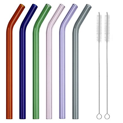 GINOVO 180mm * 8mm Reusable Bent Glass Drinking Straws, Set of 6 with 2 Cleaning Brushes, Multi Color - Green , Orange , Purple , Pink , Grey , Blue