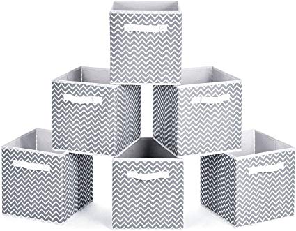 Collapsible Storage Bins, MaidMAX Set of 6 Foldable Fabric Storage Cubes Containers Organizers Basket with Dual Handles for Home, Office, Nursery, Gray Chevron