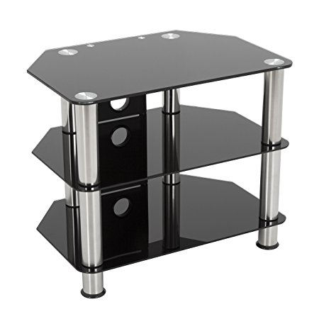 Gloss Black Glass TV Stand, Silver Legs, 3 Tier, Cable Management for up to 32" inch LCD, LED, Plasma televisions - 60cm