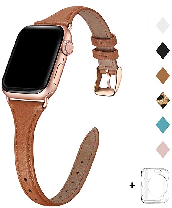 Bestig Leather Band Compatible for Apple Watch 38mm 40mm 42mm 44mm, Slim Thin Genuine Leather Replacement Strap for iWatch Series 5/4/3/2/1 (Brown Band Rose Gold Adapter, 38mm 40mm)