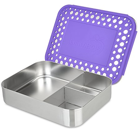 LunchBots Bento Trio Large Stainless Steel Food Container - Three Section Design Holds Sandwich and Two Sides - Bento Lunch Box for Kids or Adults - Dishwasher Safe and BPA-Free – Purple Dots