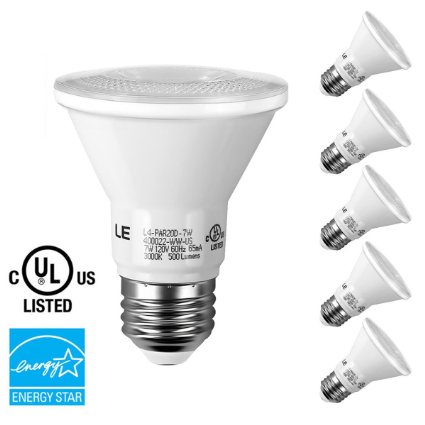 LE® 5 Pack PAR20 LED Bulb, 7W Dimmable Flood Light Bulb, 50W Halogen Bulbs Equivalent, 3000K Warm White, 500lm, 40° Beam Angle, E26 Medium Base, Energy Star LED Light Bulbs, UL Listed Spotlight